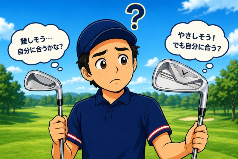 アイアンを手に持ってどちらか悩むゴルファー